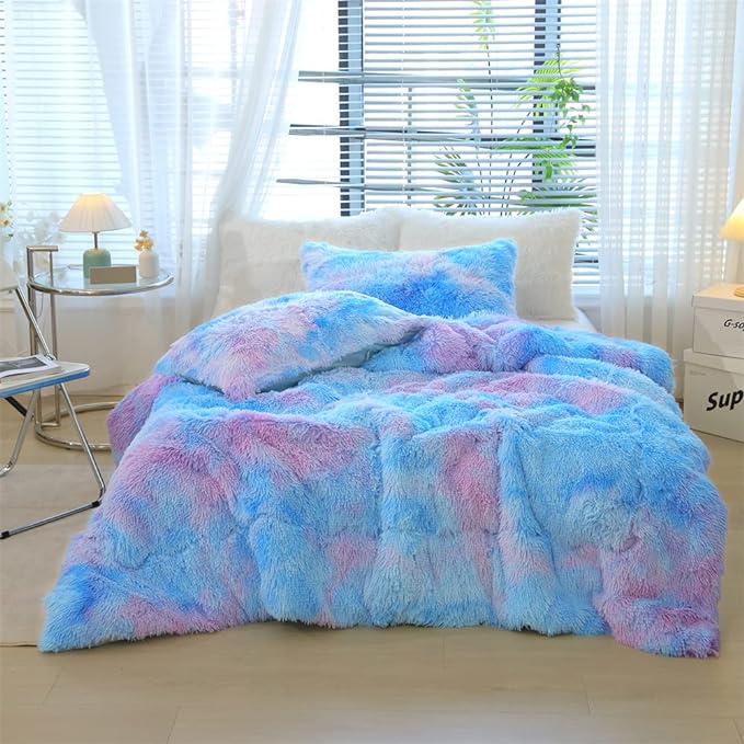Faux Fur Kids Girls Blue Rainbow Comforter Sets Twin/Full - 3PC Bed Set Warm Comfortable Soft Plush Flannel Velvet Fluffy Fuzzy Bedding（Comforter x 1 Pillowcases x 2）