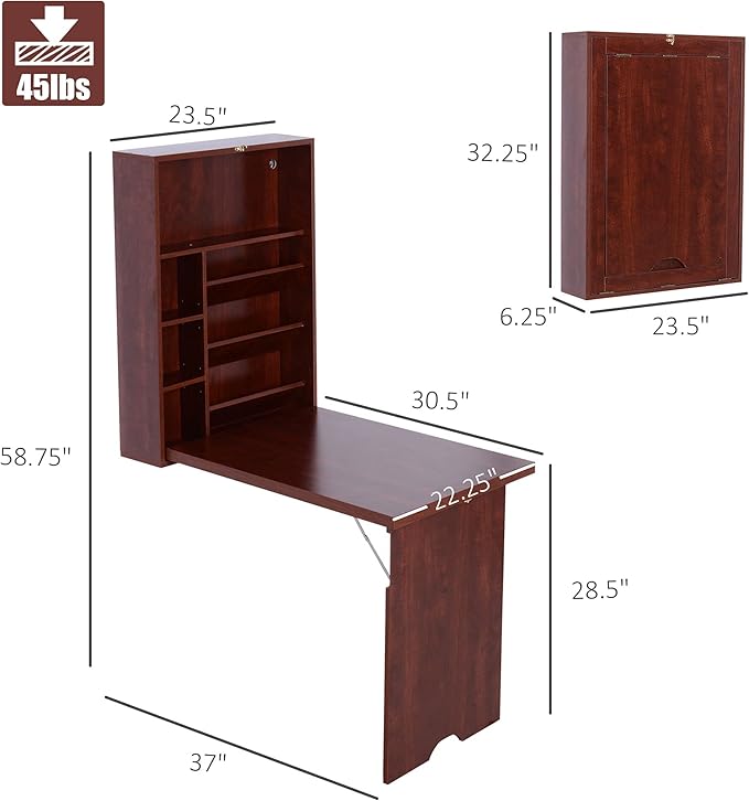 HOMCOM Compact Fold Out Wall Mounted Convertible Desk with Storage, Mahogany
