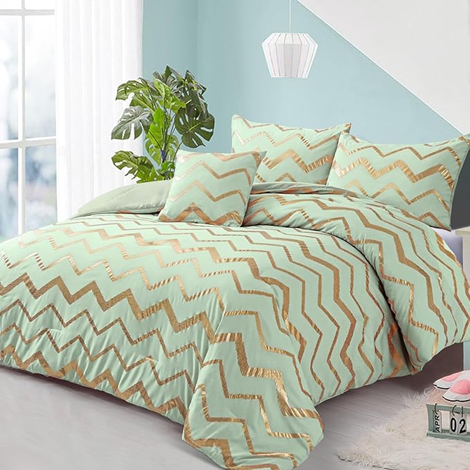 Sage Green/Gold Comforter Set Queen, Metallic Print Glitter Bedding Set Cute Shinny Bed Sets for Teen Girls Kids Women, 4 Piece (2 Pillowcases, 1 Decorative Pillow Sham)