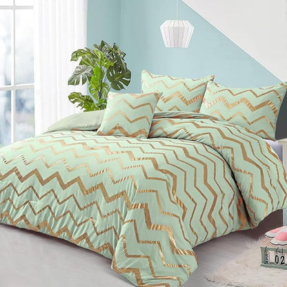 Sage Green/Gold Comforter Set Queen, Metallic Print Glitter Bedding Set Cute Shinny Bed Sets for Teen Girls Kids Women, 4 Piece (2 Pillowcases, 1 Decorative Pillow Sham)