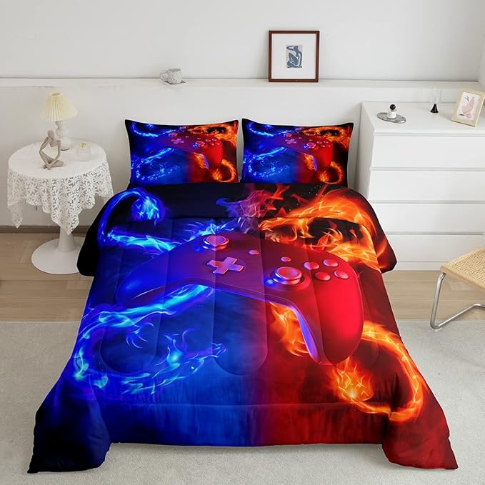 Ice Fire Dragon Comforter Set for Boys Teens Kids Gamer Games Room Decor Bedding Set Blue Red Gaming Gamepad Down Comforter ,Fairy Tale Animals Theme Room Decor 2Pcs Duvet Insert King Size,Soft