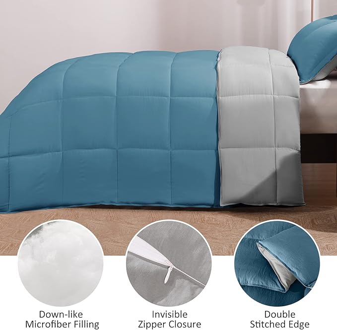 Basic Beyond Queen Comforter Set - Fluffy Comforter Queen Set for All Seasons - Reversible Blue Comforter Set Queen for Mens - 3 Pieces (1 Comforter + 2 Pillow Shams) - Blue/Grey