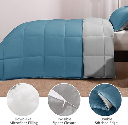 Basic Beyond Queen Comforter Set - Fluffy Comforter Queen Set for All Seasons - Reversible Blue Comforter Set Queen for Mens - 3 Pieces (1 Comforter + 2 Pillow Shams) - Blue/Grey