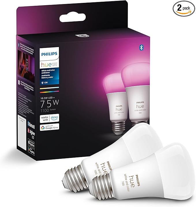 Philips Hue A19 LED Smart Light Bulbs - Flicker-Free 75w Light Bulbs - Control with Hue App - Compatible with Alexa, Google Assistant, and Apple HomeKit - E26 Base - 2 Pack