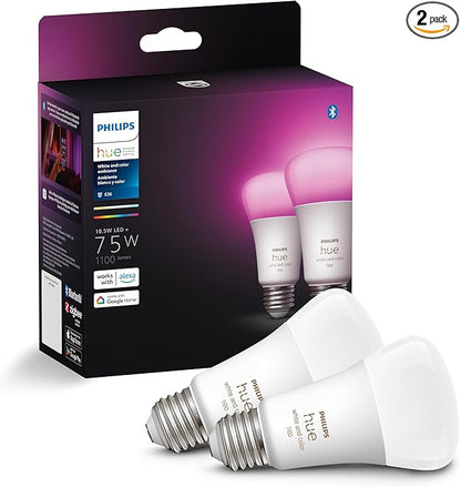 Philips Hue A19 LED Smart Light Bulbs - Flicker-Free 75w Light Bulbs - Control with Hue App - Compatible with Alexa, Google Assistant, and Apple HomeKit - E26 Base - 2 Pack