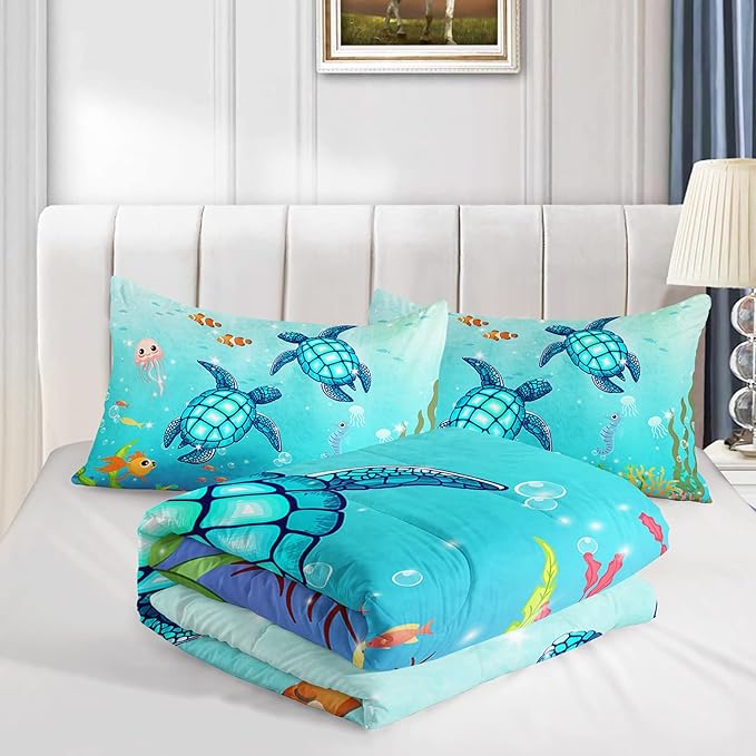 Turtle Comforter Set Full Ocean Watercolor Sea Turtle Bedding Set Nautical Sea Animal Reptile Bed Set with 2 Pillowcases for Kids Room Decor
