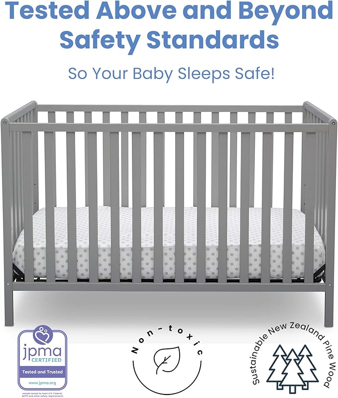 Delta Children Heartland 4-in-1 Convertible Crib, Grey + Delta Children Twinkle Galaxy Dual Sided Recycled Fiber Core Crib and Toddler Mattress (Bundle)