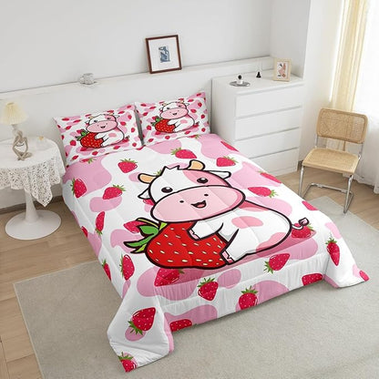 Feelyou Milk Cow Comforter Pink White Cow Strawberry Comforter Set Bedding Set for Kids Adults Kawaii Girls Milk Cow Print Duvet Set Soft Room Decor King Size Quilt Boys