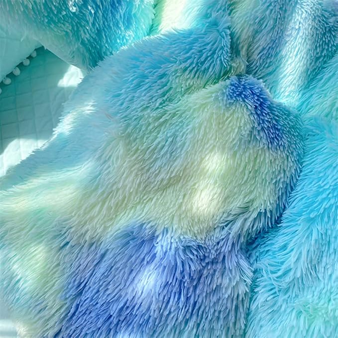 Faux Fur Kids Girls Green Rainbow Comforter Sets Twin/Full - 3PC Bed Set Warm Comfortable Soft Plush Flannel Velvet Fluffy Fuzzy Bedding（Comforter x 1 Pillowcases x 2）