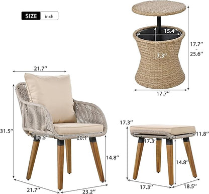 5-Pieces Outdoor Furniture Bistro Set with Wicker Cool Bar Table, Rope Weaving Patio Chairs and Ottomans for Porch Backyard Balcony Poolside, Onesize, Brown