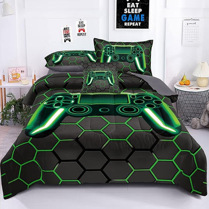 Kids Gaming Bedding Sets, 6 Piece Gamer Comforter Sets for Teens Boys Full Size for Bedroom Comforter Set Adult 3D Gamepad Microfiber Bedding Sets Fits All Season Full Size Comforter Sets