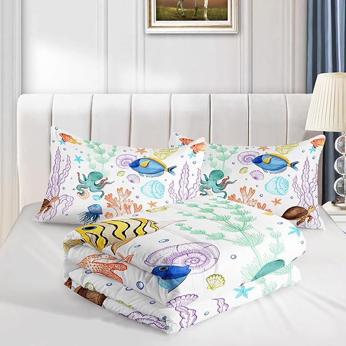 Turtle Comforter Set Queen Ocean Watercolor Sea Turtle Bedding Set Tropical Fish Marine Life Bed Set with 2 Pillowcases for Kids Room Decor