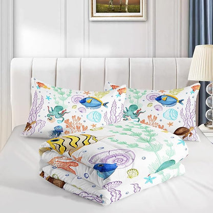 Turtle Comforter Set Queen Ocean Watercolor Sea Turtle Bedding Set Tropical Fish Marine Life Bed Set with 2 Pillowcases for Kids Room Decor