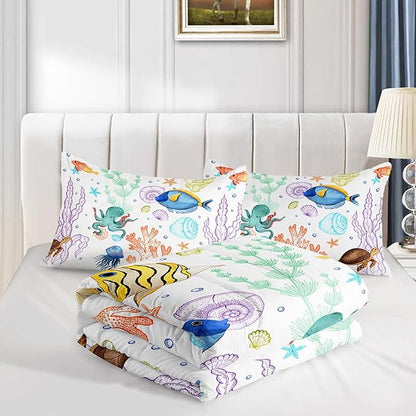 Turtle Comforter Set Queen Ocean Watercolor Sea Turtle Bedding Set Tropical Fish Marine Life Bed Set with 2 Pillowcases for Kids Room Decor