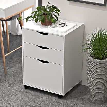 3 Drawers Storage Cabinet, Wooden Mobile Filing Cabinet for Mini Printer Stand, with Lockable Casters, for Home Office (3-Drawers, White)