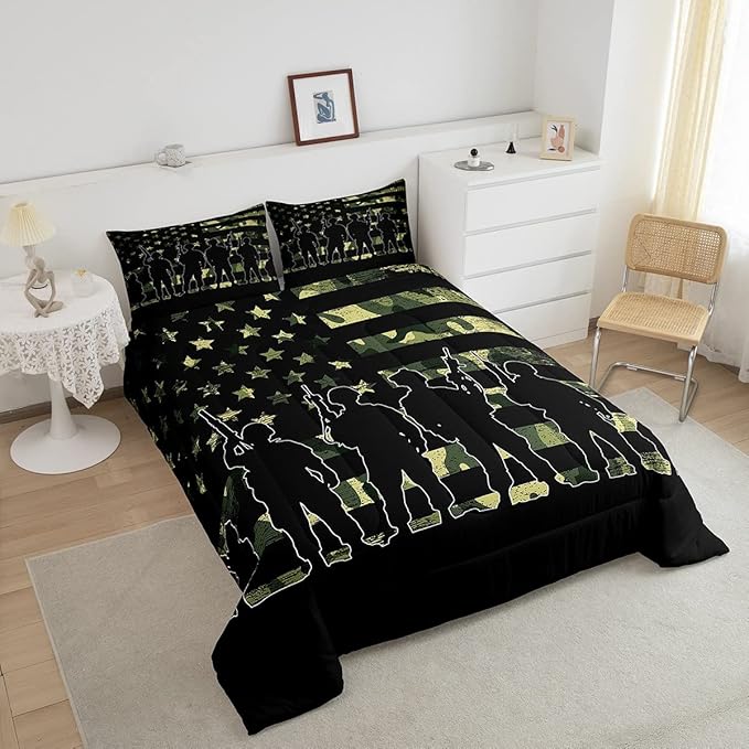 American Flag Comforter Set Twin for Boy Teen ArmyGreen Camouflage Down Comforter Adult Men Soldier Silhouettes Quilted Duvet Military Style Camo Bedding Comforters, 1 Comforter Set + 1 Pillowcase
