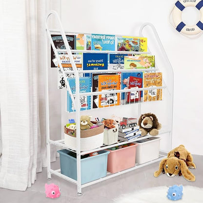 aboxoo Metal Kids Bookshelf Freestanding Bookcase for Children Room 32 in Large Toy Organizer Modern MinimalistWhite Stable Metel Bookstore Bedroom, Living, Library Book Unit Storage