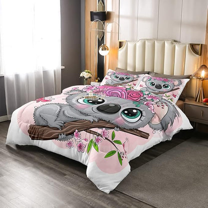 Erosebridal Cartoon Koala Comforter Set King Size, Cute Koala Bedding Set, Cherry Blossom Rose Quilted Duvet for Kids Baby Toddler, Nursery Quilt Set, Butterfly Branch Leaves Duvet Set