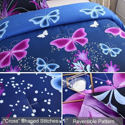 WINLIFE Butterfly Comforter Set Full Size for Girls Purple Blue Black Butterflies Printed Bedding Set for All Season, Soft Breathable & Light Bed Sets
