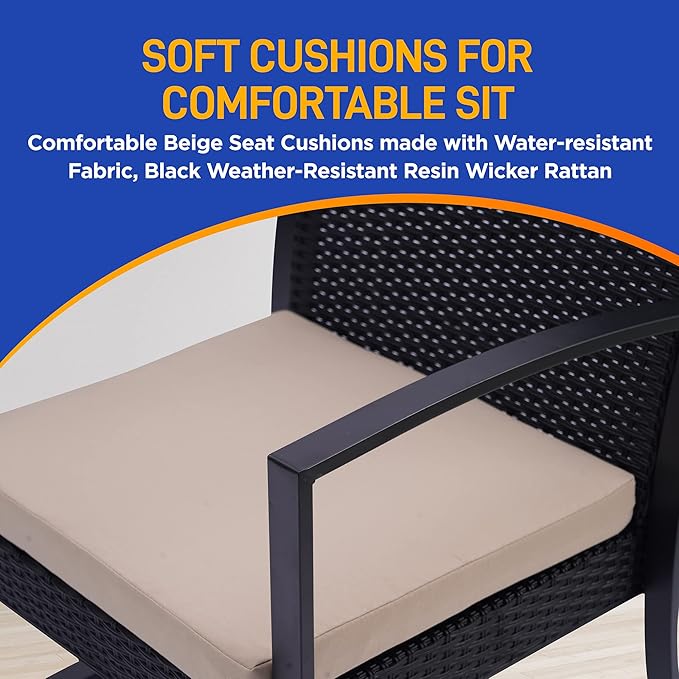 SereneLife Patio Outdoor Furniture, 3 Pcs. Per Set-includes 2 Single Chairs with Soft Cushion and 1 Glass-top Coffee Table, Black Weather-Resistant Resin Wicker Rattan, Brown