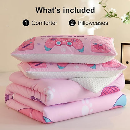 Video Game Twin Size Comforter Set for Girls Kids Teens 3D Gaming Controller Pattern Gamepad Print Bedding Set- 3 Piece Pink Quilt with 2 Pillowcases (68"x90")