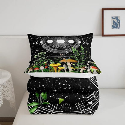Cute Mushroom Comforter Set Sun and Moon All Season Down Comforter for Kids Boys Girls Teens Trippy Decor Boho Galaxy Constellations Bedding Set Starry Sky Wild Flowers Quilt Set Room Decor Queen Size