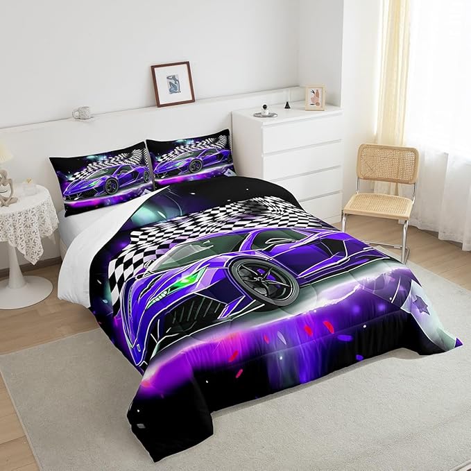 Purple Race Car Comforter Set Queen Size, Black White Lattice Bedding Set 2pcs for Kids Boys Teens Room Decor,Extreme Sport Games Quilt Set,Cool Modern Duvet Insert with 2 Pillowcases