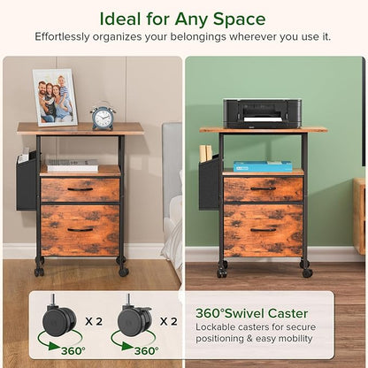 Mobile File Cabinet, 2 Fabric Drawer Filing Cabinet with Side Bag, Rolling Storage Organizer for Home Office, Vertical Printer Stand, Fits A4/Letter Size (Rustic Brown)