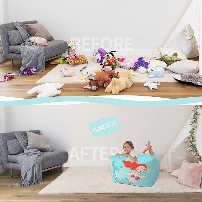 Aubliss Unicorn Stuffed Animal Storage Bean Bag Chair for Kids, Velvet Extra Soft Beanbag Chairs Cover, X-Large Stuffable Zipper Bean Bag for Organizing Plush Toys Girls Bedroom Decor,Cyan