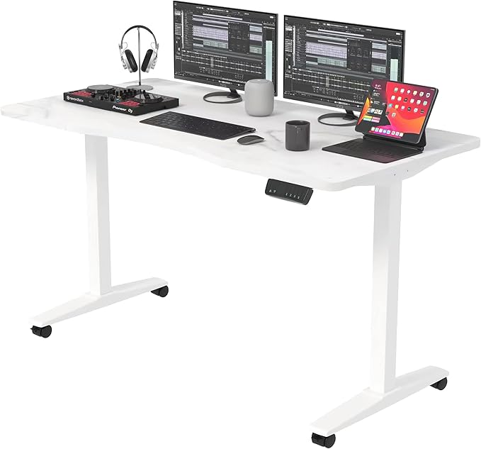 Monomi Height Adjustable Electric Standing Desk, 55 x 28 Inches Stand up Desk, Sit Stand Home Office Computer Desk(White Frame+Marble White Top)
