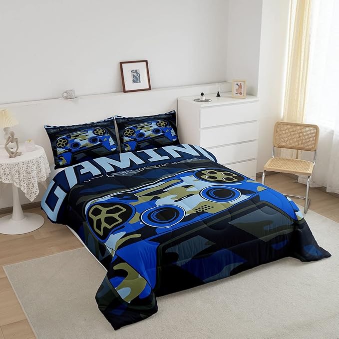 Boys Gaming Comforter Set Twin Size Teens Gamer Bedding Set Retro Blue Camouflage Video Game Controller Comforter For Kids Youth Bedroom Decor Gamer Console Action Buttons Duvet Set Microfiber