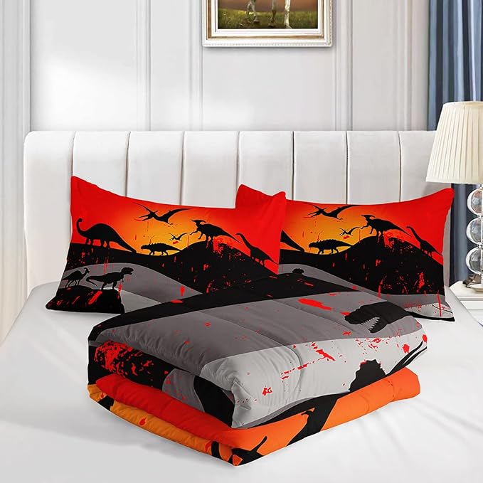 Cartoon Dinosaur Comforter Set Twin 3Pc Kawaii Dinosaur Bedding Set All Season with Tree, Leaf Decoration includes 1 Comforter, 2 Pillowcases for Kids Girls Teens