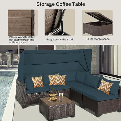 6 PCS Outdoor Patio Furniture Set,Sectional Sofa Set,Rattan Daybed with Retractable Canopy,Adjustable Backrest,Storage Coffee Table,Chaise Chair Sunbed for Garden Poolside Backyard(Sky Blue)