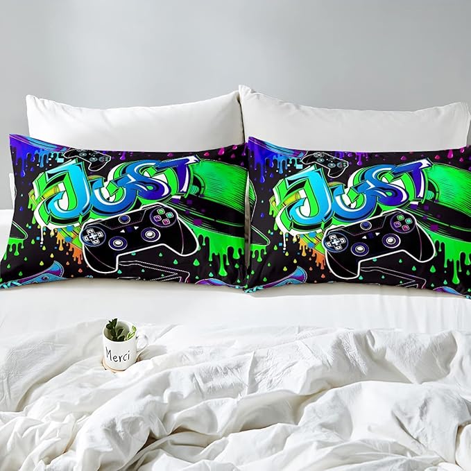 Erosebridal Boy Gaming Comforter Set King Size Gamepad Game Bedding Set Gamers Quilt Tie Dye Duvet Set for Kids Teens Hip Hop Quilt Set Cartoon Design Bedding, Colorful Comforter Set