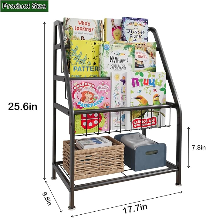 aboxoo Kids Bookshelf Todder Freestanding for Children Room 18 inches Small Toddler Bookcase Toy Organizer Play Black Stable Bookcase Bookstore Library Book Unit Storage for Small Place,Black