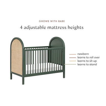 babyletto Bondi Cane 3-in-1 Convertible Crib with Toddler Bed Conversion Kit in Forest Green with Natural Cane, Greenguard Gold Certified