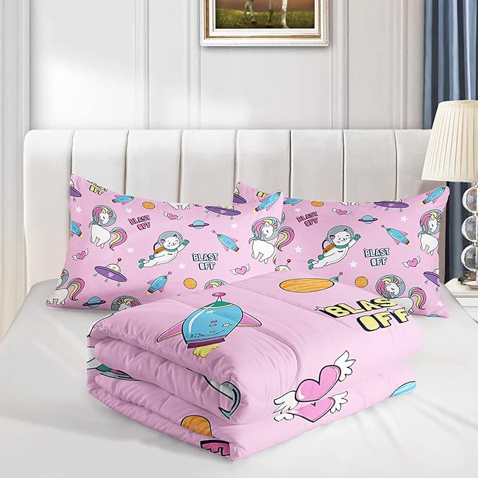 Kawaii unicorn Cat Comforter Set 3 Pieces Universe Galaxy Outer Space Bedding Set Astronaut Rocket Bed Quilt Set for Girls Boys Kids Pink
