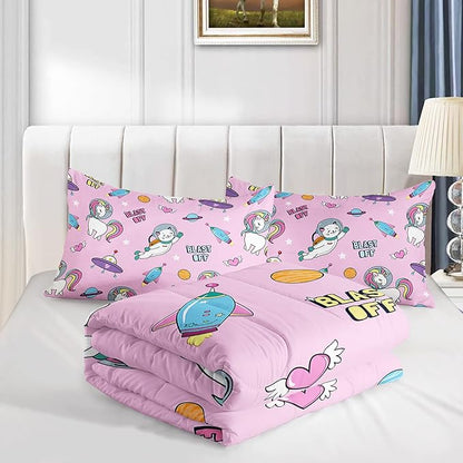 Kawaii unicorn Cat Comforter Set 3 Pieces Universe Galaxy Outer Space Bedding Set Astronaut Rocket Bed Quilt Set for Girls Boys Kids Pink