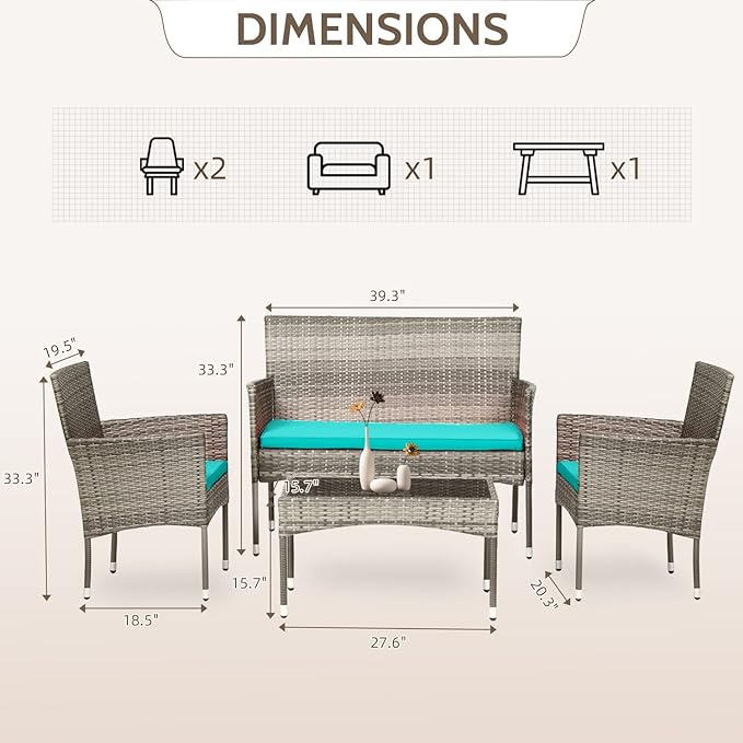 FDW Patio Conversation Set 4 Pieces Outdoor Furniture Set Wicker with Rattan Chair Loveseats Coffee Table for Outdoor Indoor Garden Backyard Porch Poolside Balcony,Gray Wicker/Blue Cushions