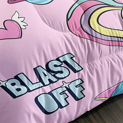 Kawaii unicorn Cat Comforter Set 3 Pieces Universe Galaxy Outer Space Bedding Set Astronaut Rocket Bed Quilt Set for Girls Boys Kids Pink