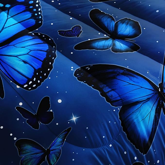 Datura home Blue Butterfly Comforter Set for Girls Women,Bright Blue Butterflies in Blue Sky with Stars Printed Bedding Set with 2 Pillowcases(Butterfly Blue Twin)