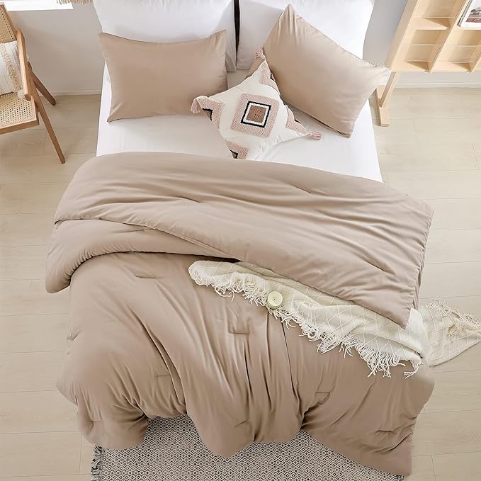 Queen Comforter Set Ultra Soft Microfiber Bed Comforter Set Boho and Luxury 3PC Taupe, with 2Pillowcases Lightweight All Season for Women and Men