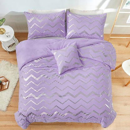 Purple/Silver Comforter Set Queen, Lavender Metallic Print Glitter Bedding Set Cute Shinny Lilac Bed Sets for Teen Girls Kids Women, 4 Piece (2 Pillowcases, 1 Decorative Pillow Sham)