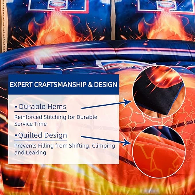 Btargot Basketball Fire Court Comforter Sets Twin for Boys Teens,3D Sports Bedding,Soft Microfiber Reversible Quilt with 2 Matching Pillow Shams