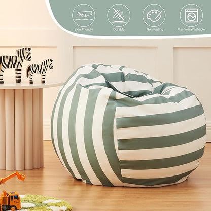 EXQ Home Kids Bean Bag Chairs Cover -Stuffed Animal Bean Bag Storage Green and White Stripes-Zipper Bean Bag for Organizing Children Plush Toys Holiday Gift for Girl,Boys (XL)