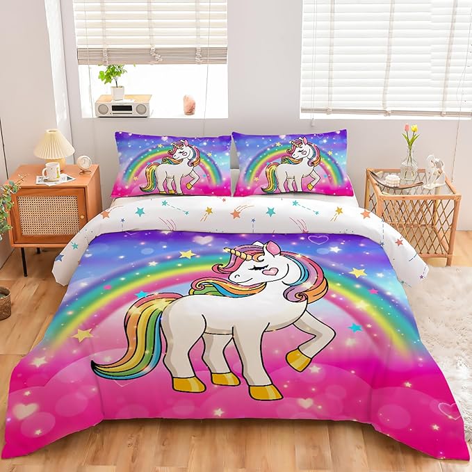 Aimuan Girls Unicorn Comforter Set 3 Pieces Pink Purple Bedding Set with Rainbow Star Galaxy Stars Fantasy Children Room Decor Soft Reversible Bed Sets for Boys/Girls/Teens (Pink-Purple Twin3Pcs)