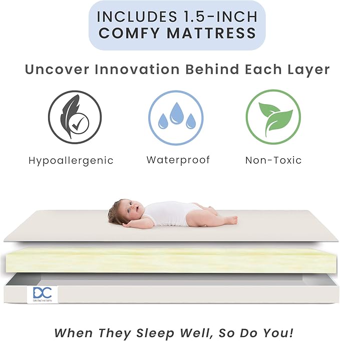 Delta Children Emery Mini Convertible Baby Crib with 2.75-inch Mattress, Bianca White