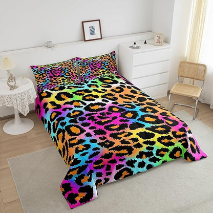 Leopard Print Comforter Set for Girls Kids Women Neon Rainbow Leopard Fur Bedding Set Mottled Exotic Panthera Skin Comforter Room Decor Colorful Camouflage Safari Theme Duvet Set Twin Size Quilt Set