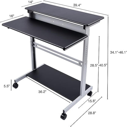 Stand Up Desk Store Rolling Adjustable Height Two Tier Standing Desk Computer Workstation (Silver Frame/Black Top, 40" Wide)