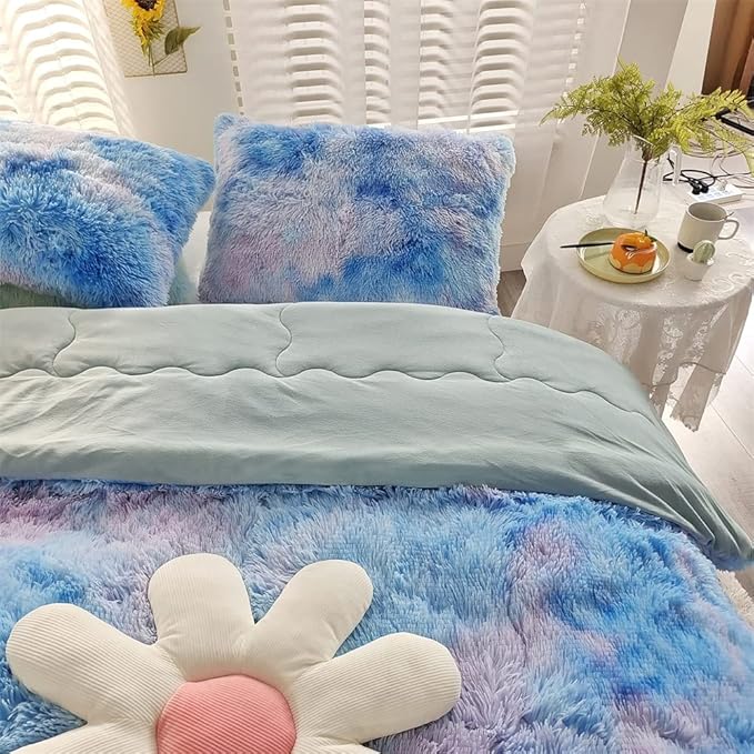 Faux Fur Kids Girls Blue Rainbow Comforter Sets King - 3PC Bed Set Warm Comfortable Soft Plush Flannel Velvet Fluffy Fuzzy Bedding（Comforter x 1 Pillowcases x 2）